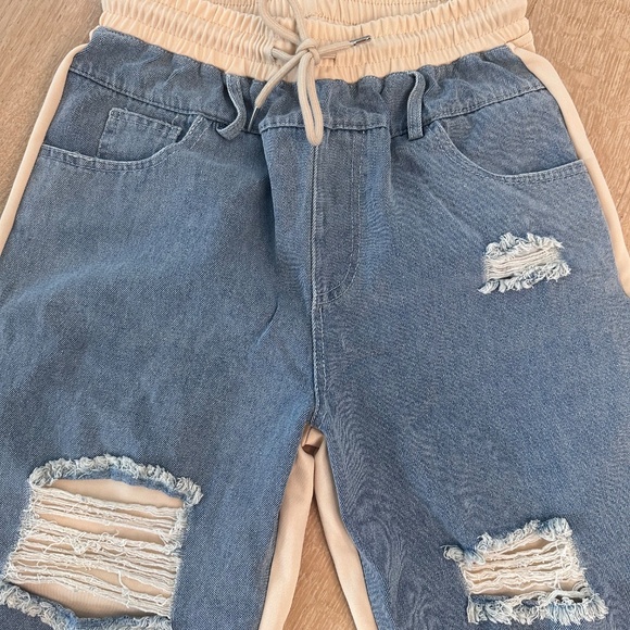 🔥Brand New Y2K Denim Patchwork Drawstring Distressed Jeans  Size S - Picture 7 of 11